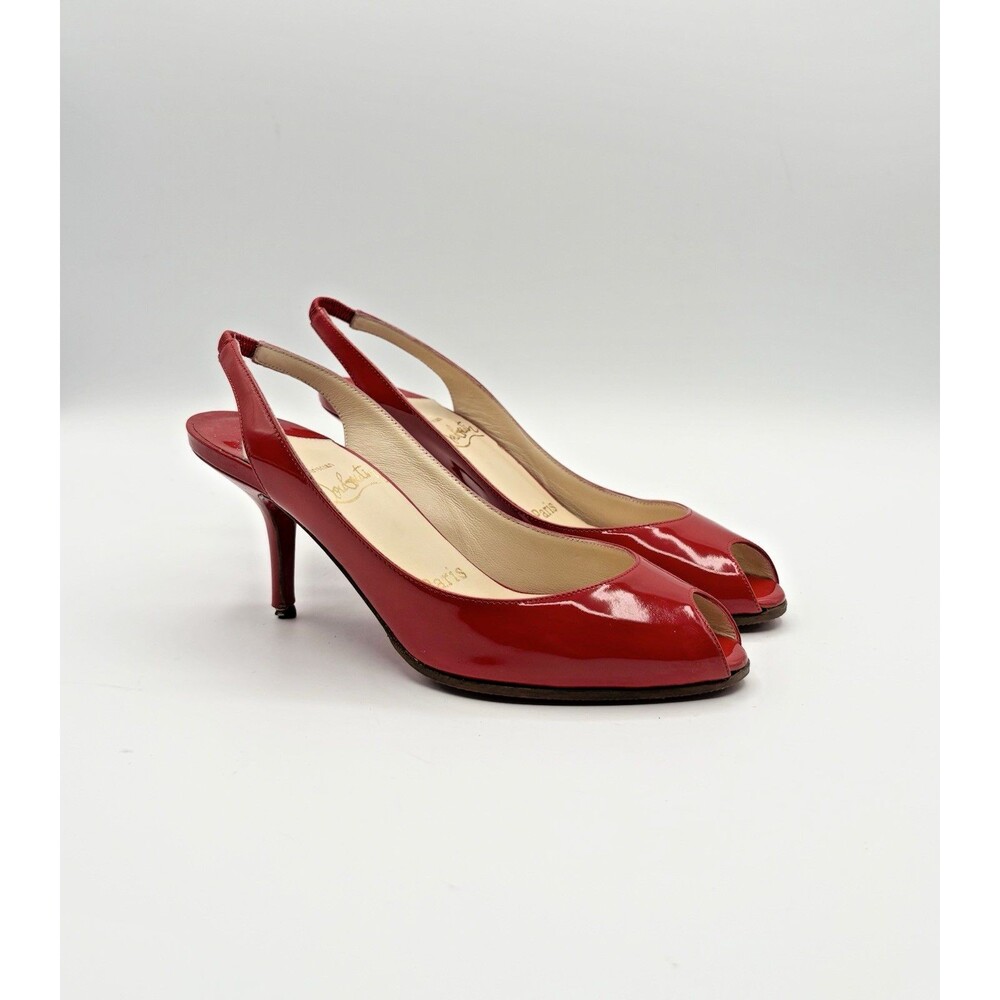Christian Louboutin Red Patent Leather Peep Toe Slingback Heels Size EU 34